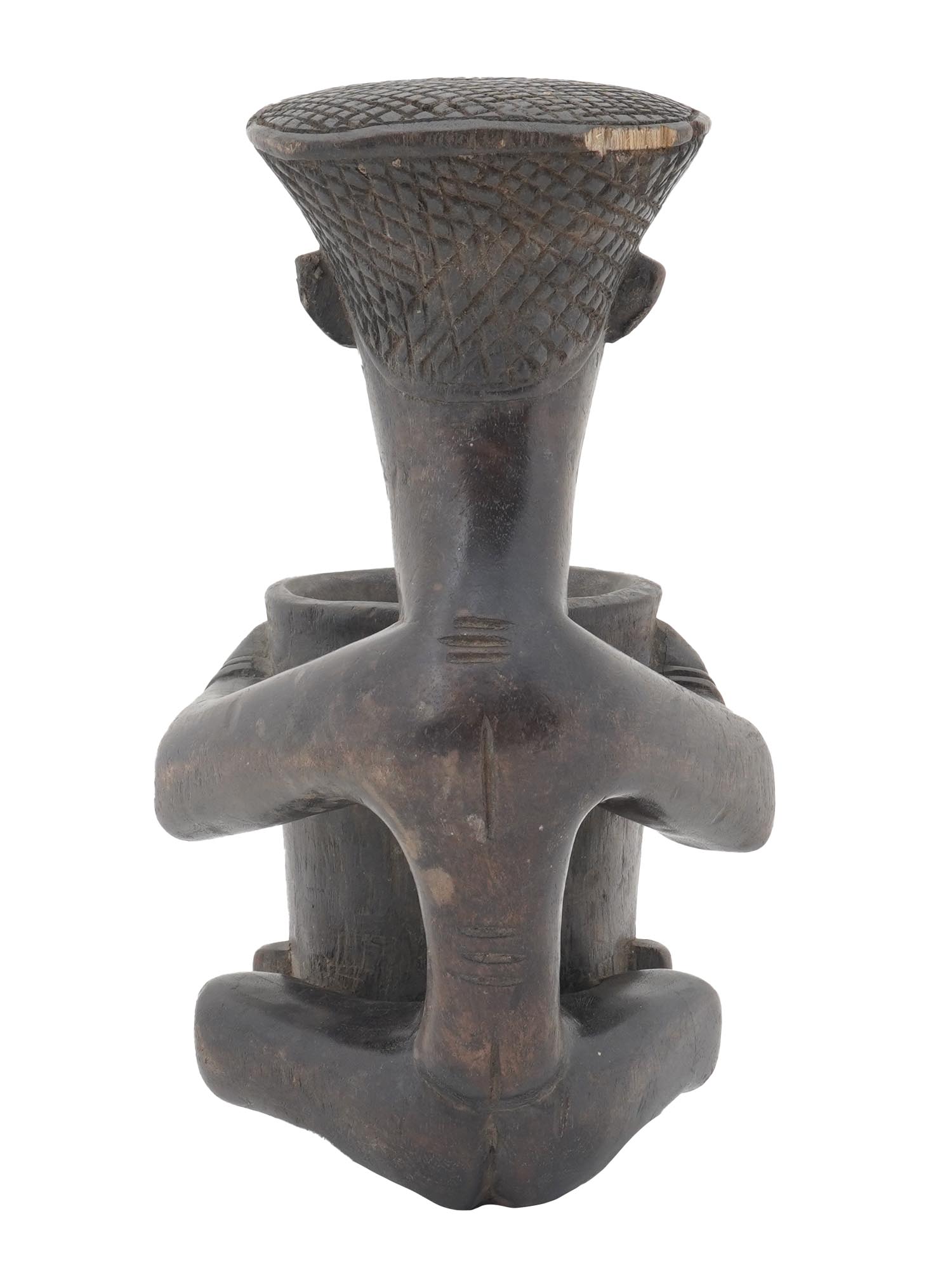 AFRICAN CONGO CARVED WOOD MALE FIGURINE WITH POT PIC-4